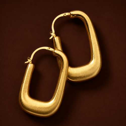 Aria Hoops gold hoop earrings on dark suede – brushed gold earrings in geometric rectangle hoop earrings silhouette, chunky earrings, waterproof earrings, non tarnish earrings