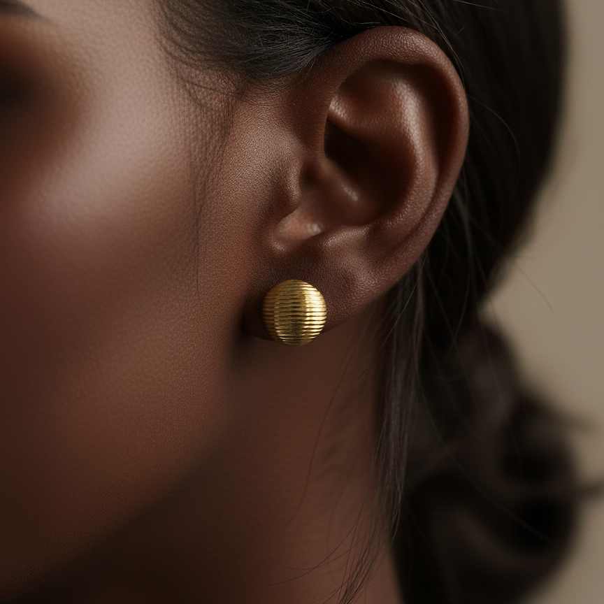 Ava Studs gold ribbed dome button stud earrings on white ceramic dish over silk – minimalist gold button earrings in hypoallergenic stainless steel, non tarnish and waterproof