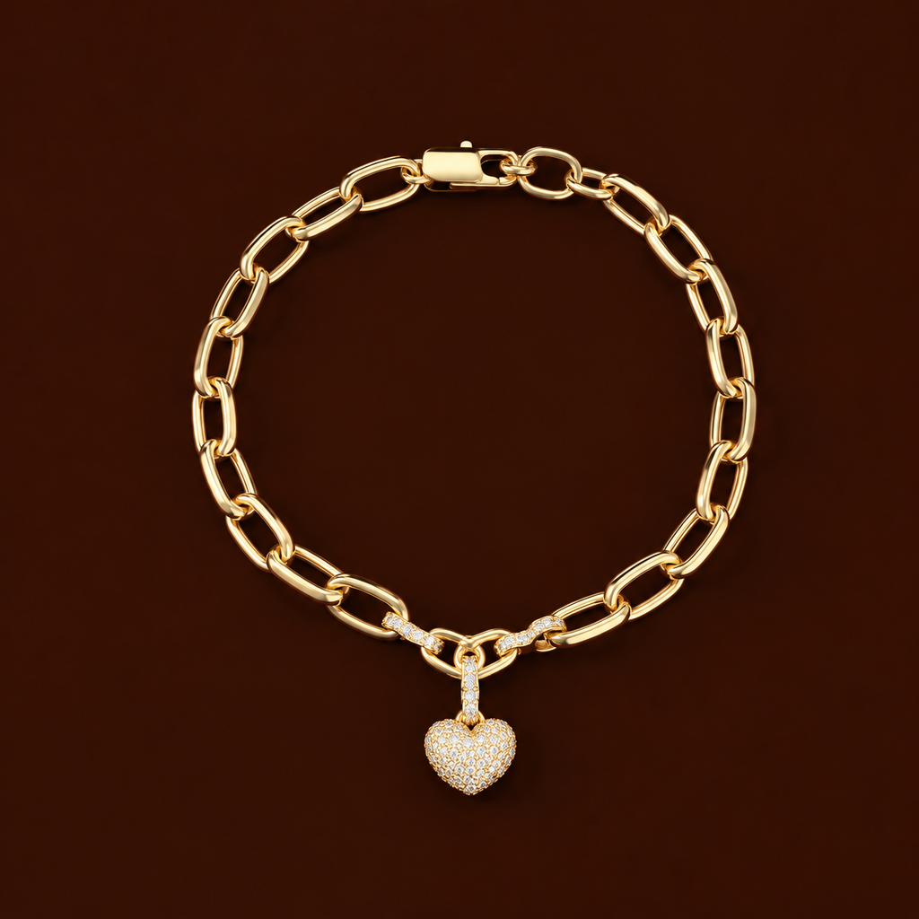 Bella Bracelet gold link chain charm bracelet with pavé CZ heart pendant on dark background – non-tarnish waterproof stainless steel heart bracelet, gift bracelet for women