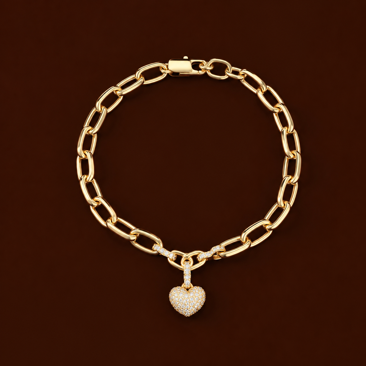 Bella Bracelet gold link chain charm bracelet with pavé CZ heart pendant on dark background – non-tarnish waterproof stainless steel heart bracelet, gift bracelet for women