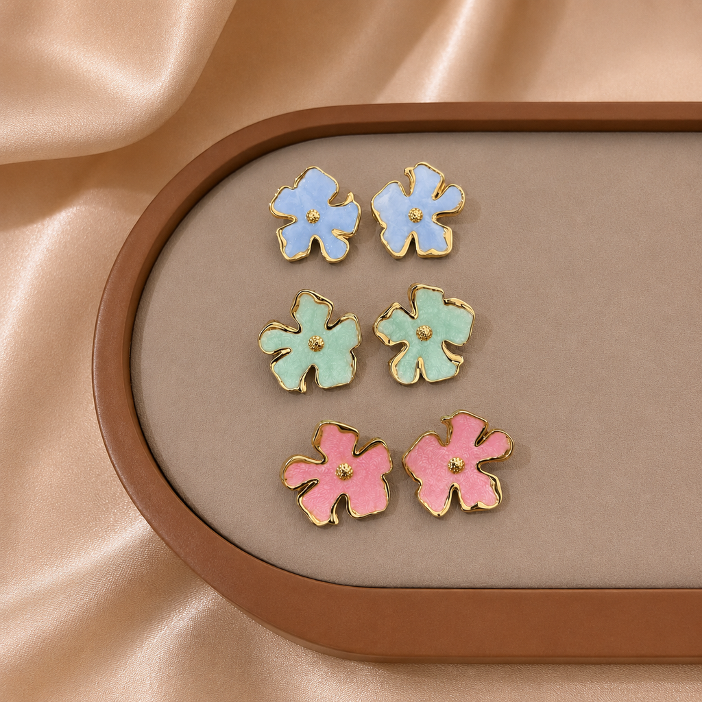 Bloomie Studs pastel enamel flower stud earrings in sky blue, mint green and pink with gold border displayed on velvet tray – hypoallergenic nickel-free non-tarnish stainless steel floral stud earrings gift idea for women