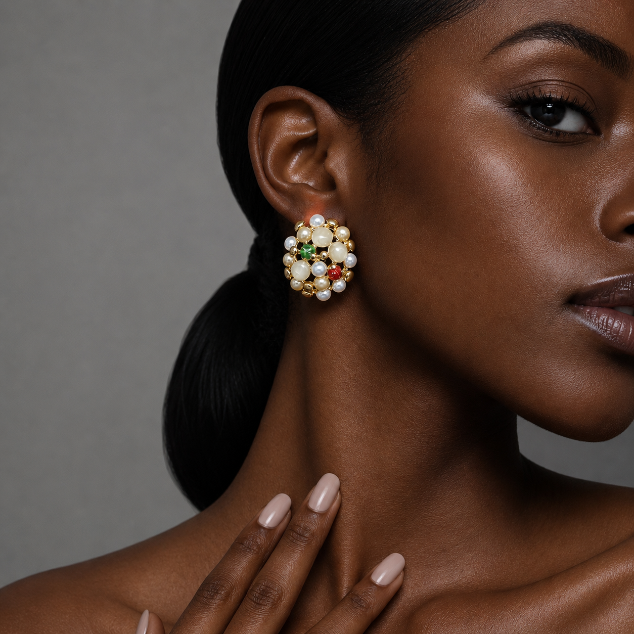 Bubé Studs white pearl cluster statement stud earrings with gold setting and red and green accent beads worn by model – hypoallergenic nickel-free stainless steel white pearl earrings