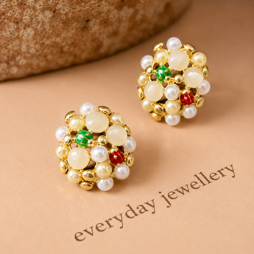 Bubé Studs pearl cluster stud earrings with cream and white pearls, gold beads and red and green enamel accents – hypoallergenic non-tarnish stainless steel statement earrings gift for her