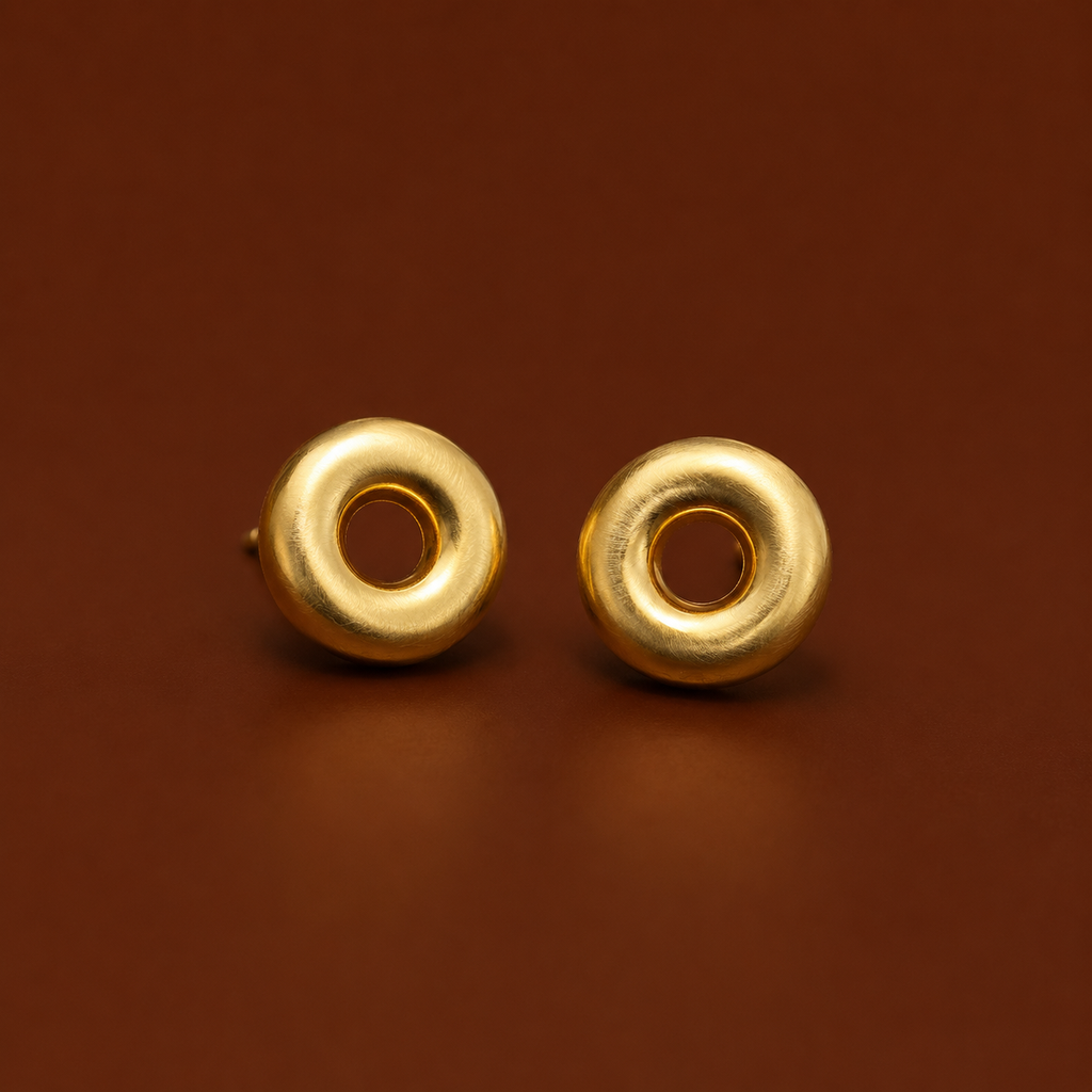 Chọ Studs gold stud earrings on rust background – round stud earrings, circle stud earrings, donut earrings stud earrings, waterproof gold earrings, earrings that don't tarnish