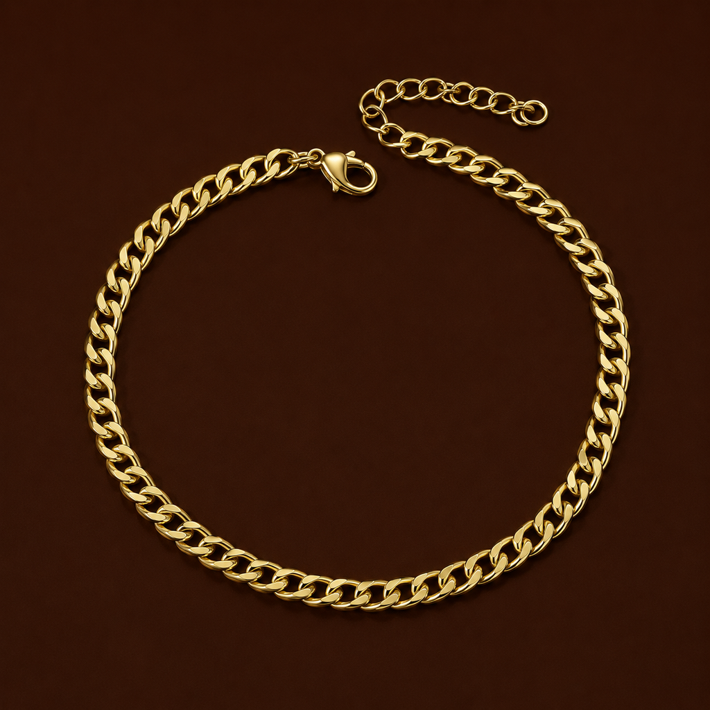 Cuba Anklet gold chunky Cuban link anklet on dark background – non-tarnish hypoallergenic stainless steel gold ankle bracelet for women