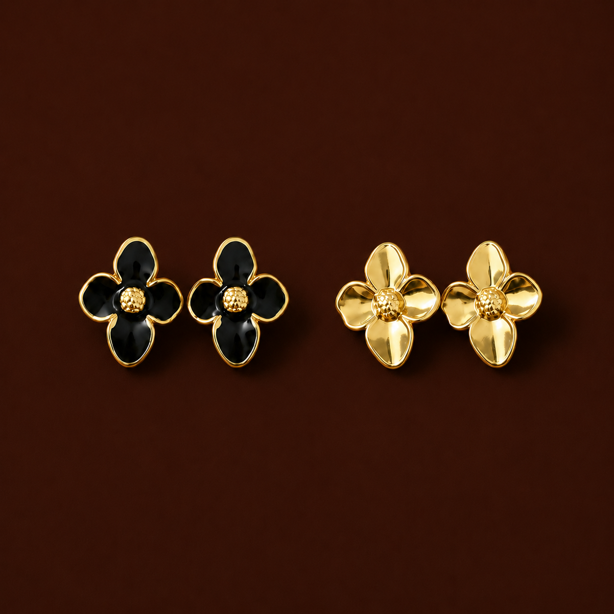 Dalia Studs flower stud earrings in black and gold enamel and all-gold variants on dark background – hypoallergenic nickel-free non-tarnish stainless steel enamel earrings