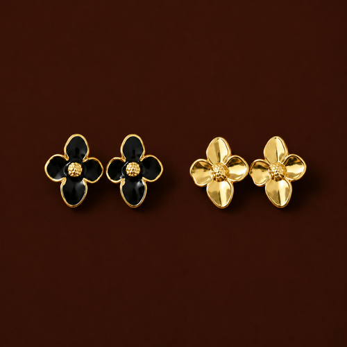 Dalia Studs flower stud earrings in black and gold enamel and all-gold variants on dark background – hypoallergenic nickel-free non-tarnish stainless steel enamel earrings