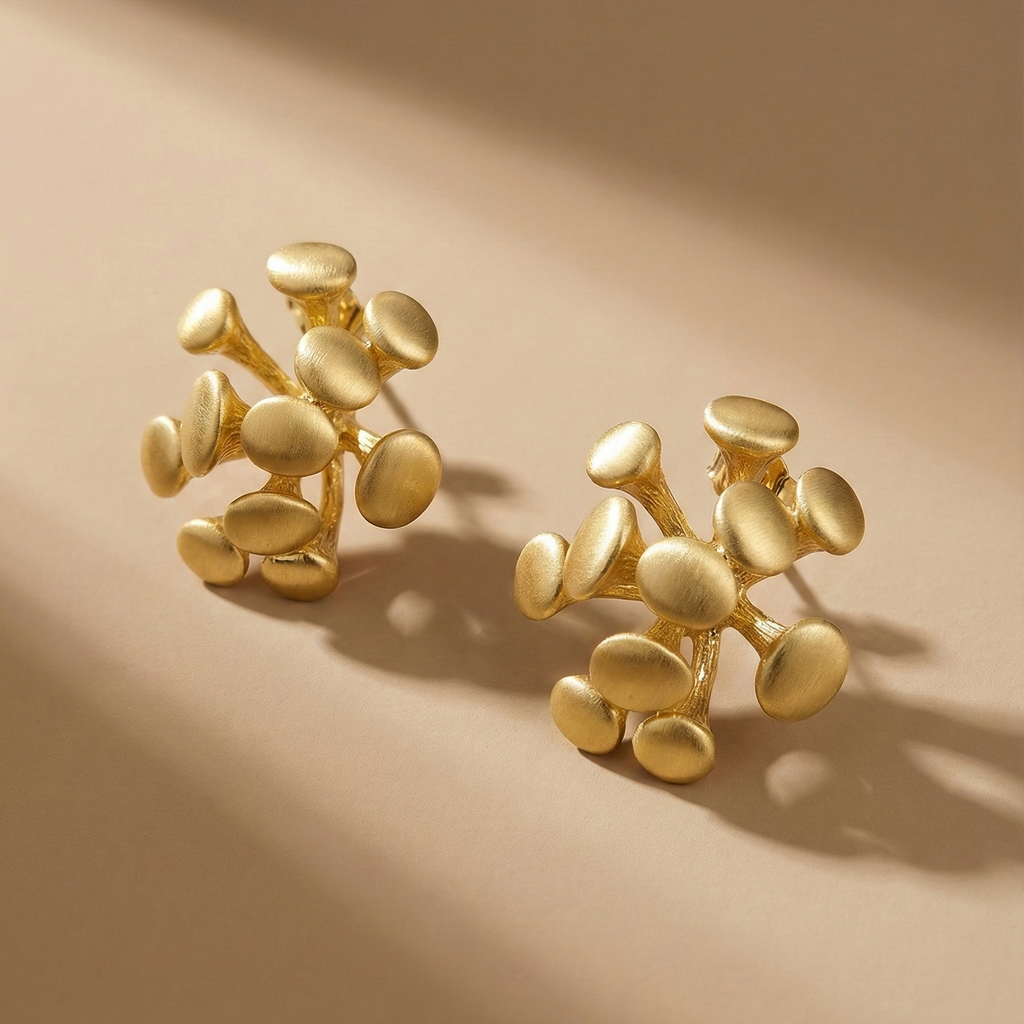 Dugo Studs brushed gold cluster earrings with abstract petal design radiating from centre – tarnish-free waterproof stainless steel occasion earrings