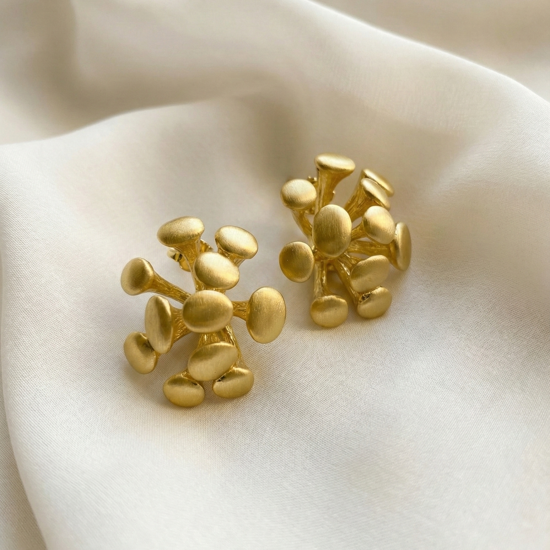 Dugo Studs unique gold petal cluster stud earrings with brushed matte finish – hypoallergenic non-tarnish waterproof stainless steel abstract statement earrings