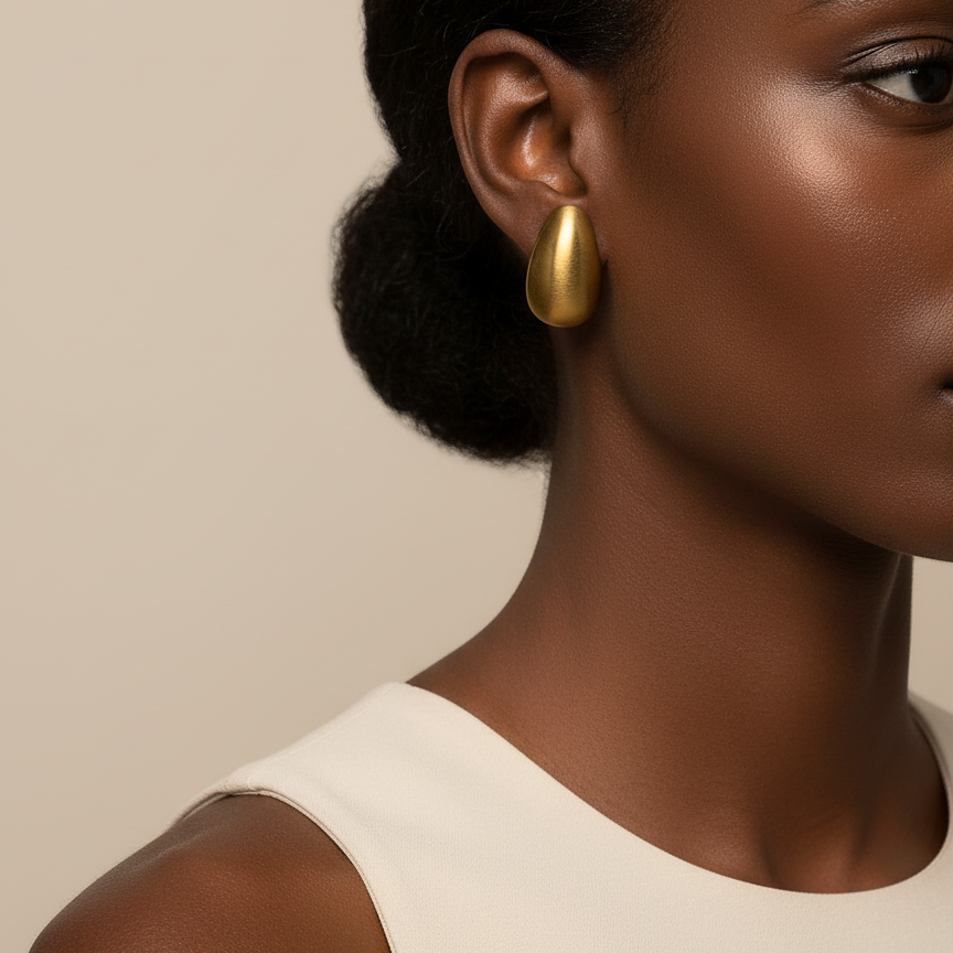 Elara Studs chunky gold teardrop earrings with brushed matte finish worn by model – hypoallergenic waterproof non-tarnish stainless steel dome earrings