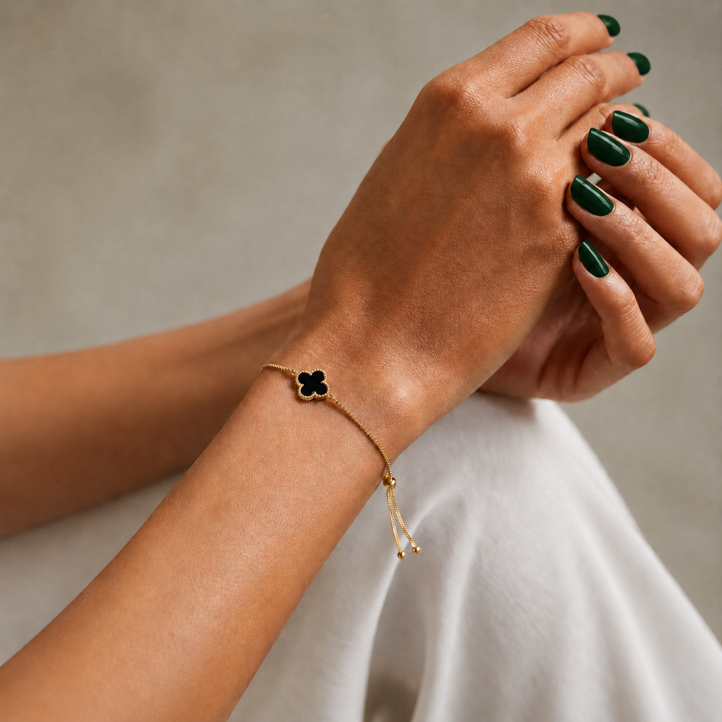 Fleur Bracelet black lucky clover bracelet on wrist – adjustable gold clover bracelet, non-tarnish waterproof stainless steel everyday bracelet