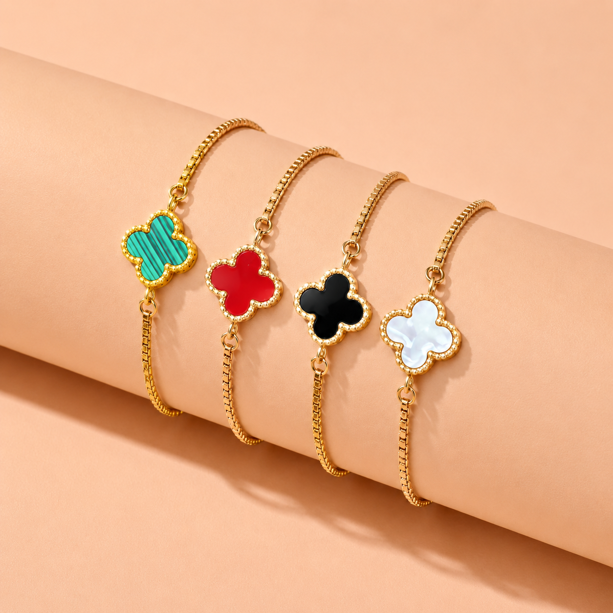 Fleur Bracelet gold clover bracelet in four colourways – mother of pearl, black, red and teal four leaf clover bracelets, adjustable non-tarnish stainless steel
