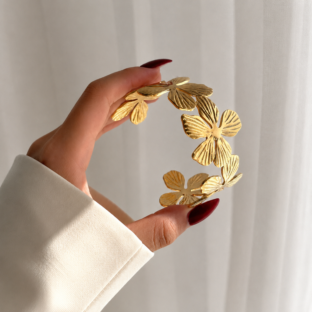 Flora Cuff gold statement bracelet – flower cuff bracelet, statement bracelet gold, gold statement bracelet, stainless steel bracelet with non tarnish finish