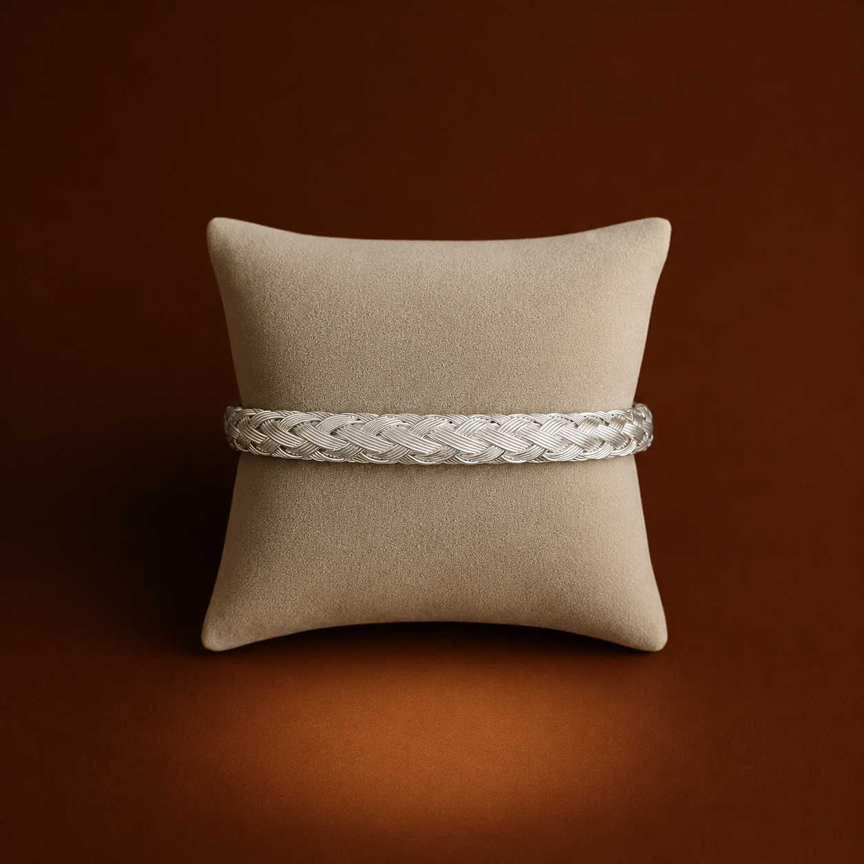 Koa Bracelet silver braided woven bangle on cushion display – stretch stainless steel bangle, non-tarnish waterproof hypoallergenic UK jewellery