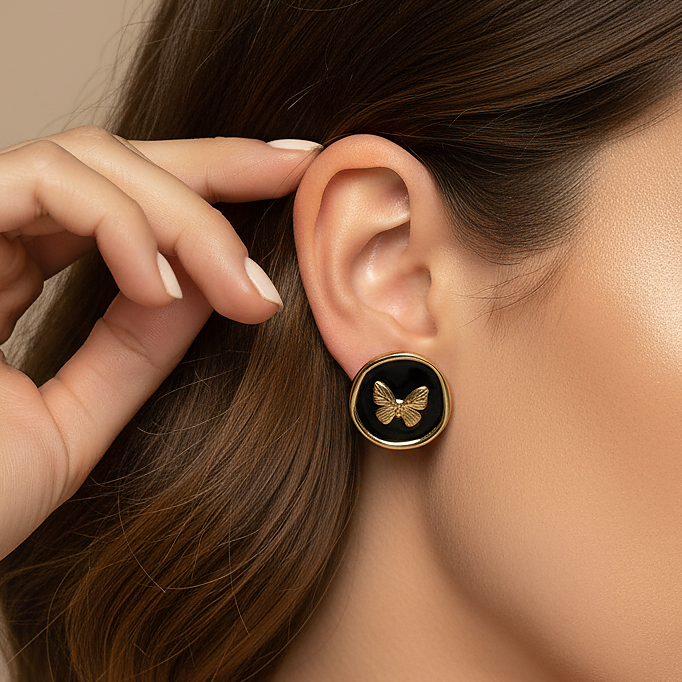 Kora Studs black enamel butterfly earrings with gold butterfly motif – best earrings for sensitive ears, waterproof and tarnish-free stud earrings