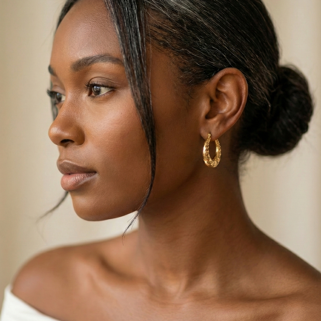 Lúlú Hoops gold hoop earrings on warm cream satin – thick gold hoops with bamboo detail, non tarnish earrings, waterproof earrings, stainless steel earrings