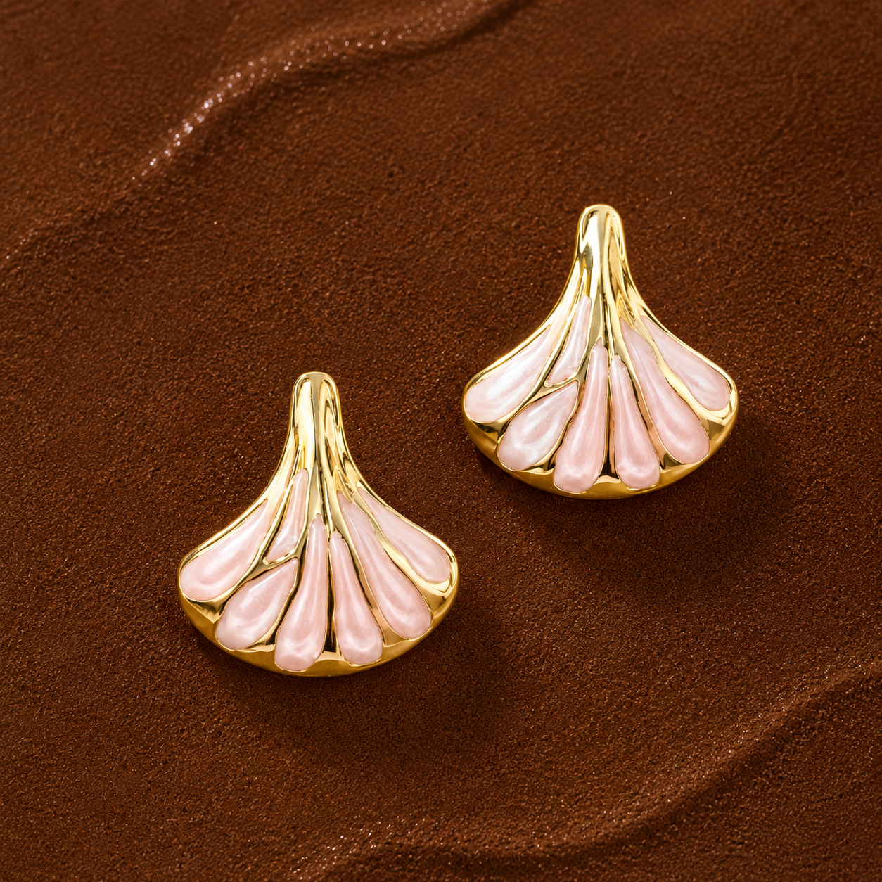 Maris Studs blush pink enamel fan shell stud earrings with ridged gold petal detail – hypoallergenic non-tarnish stainless steel blush pink stud earrings