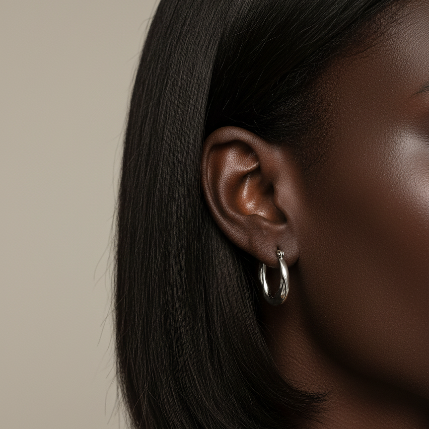 Model wearing Nami Hoops silver hoop earrings in profile – sterling silver earrings, hypoallergenic earrings, best earrings for sensitive ears, silver earrings