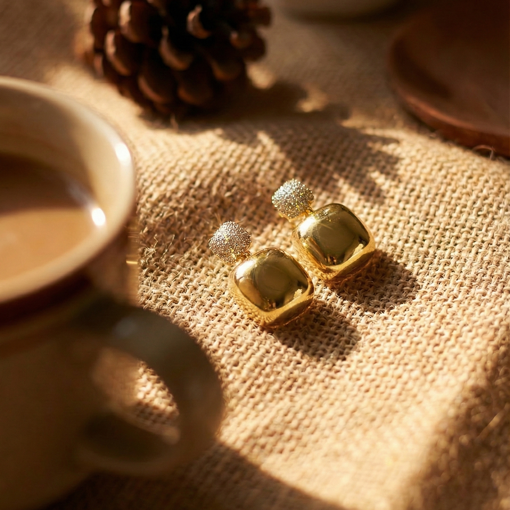 Nanya Drops gold square drop earrings with sparkling pavé cz stud top beside coffee cup – waterproof hypoallergenic stainless steel drop earrings for women