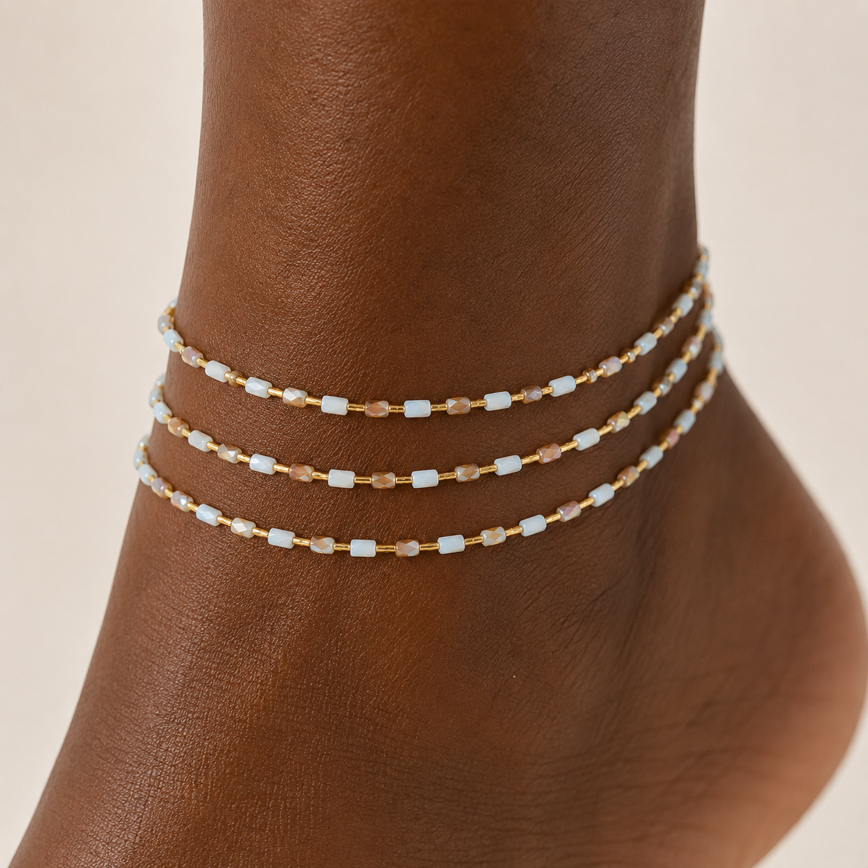 Neri Anklets in pale blue and peach – crystal anklets, delicate anklets, anklets for women, non tarnish anklets in fine beaded construction
