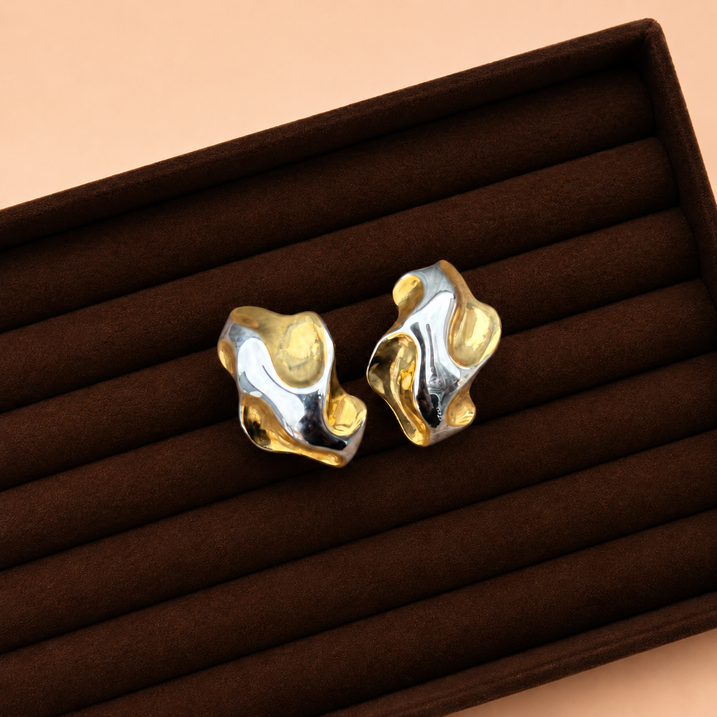 Nkà Studs two tone silver and gold abstract sculptural stud earrings with molten organic shape in velvet jewellery box – hypoallergenic non-tarnish stainless steel statement earrings