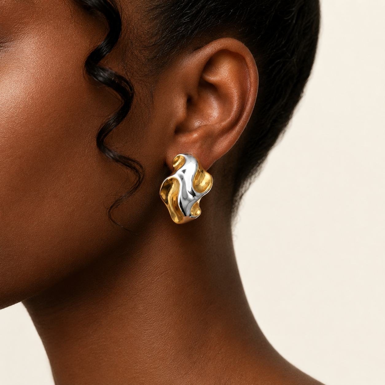 Nkà Studs two tone silver and gold abstract sculptural stud earrings with molten organic shape in velvet jewellery box – hypoallergenic non-tarnish stainless steel statement earrings
