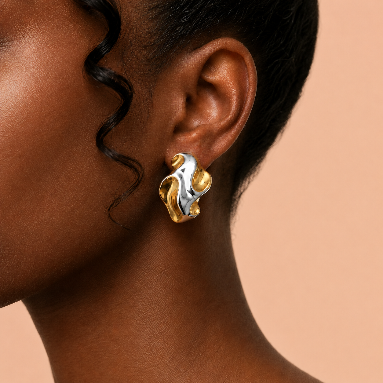 Nkà Studs two tone silver and gold abstract sculptural stud earrings with molten organic shape in velvet jewellery box – hypoallergenic non-tarnish stainless steel statement earrings