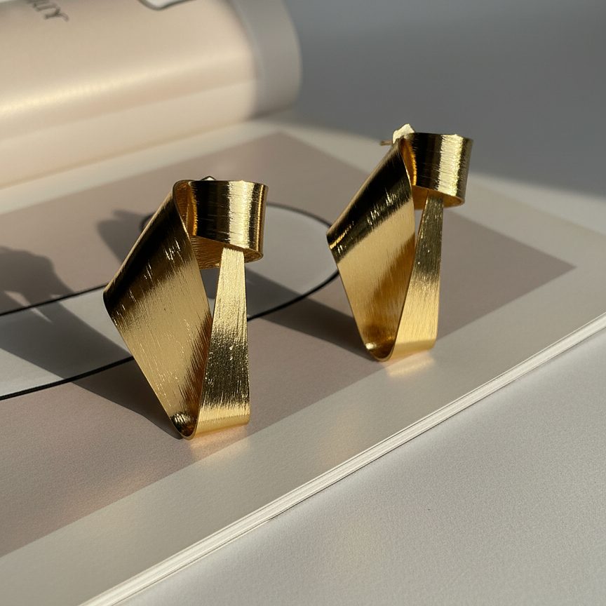 Nysa Studs brushed gold ribbon earrings with twisted asymmetric fold worn by model with braided hair – hypoallergenic stainless steel gold statement earrings