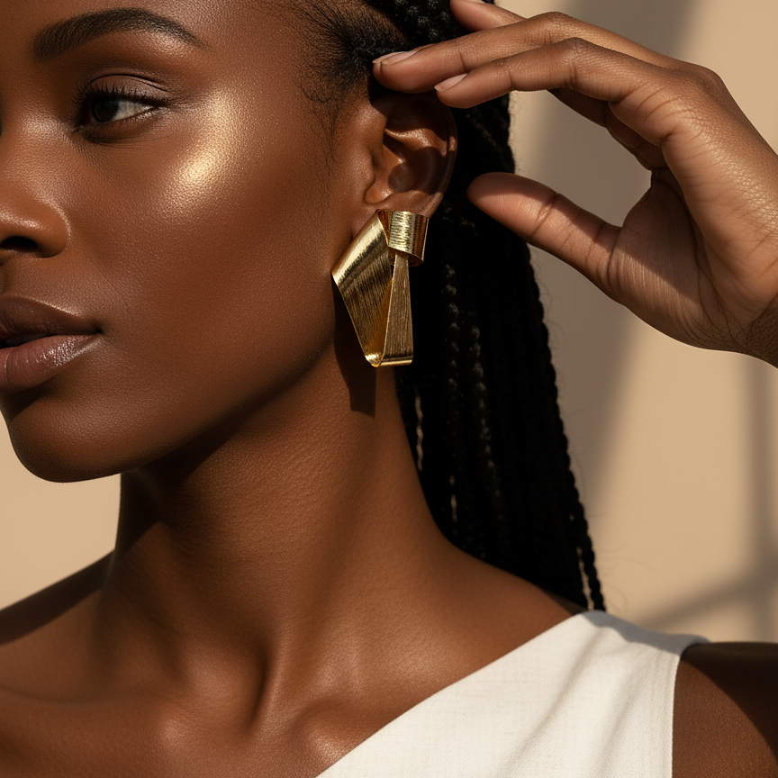 Nysa Studs brushed gold ribbon sculptural earrings with twisted asymmetric silhouette on magazine spread – tarnish-free waterproof stainless steel statement earrings