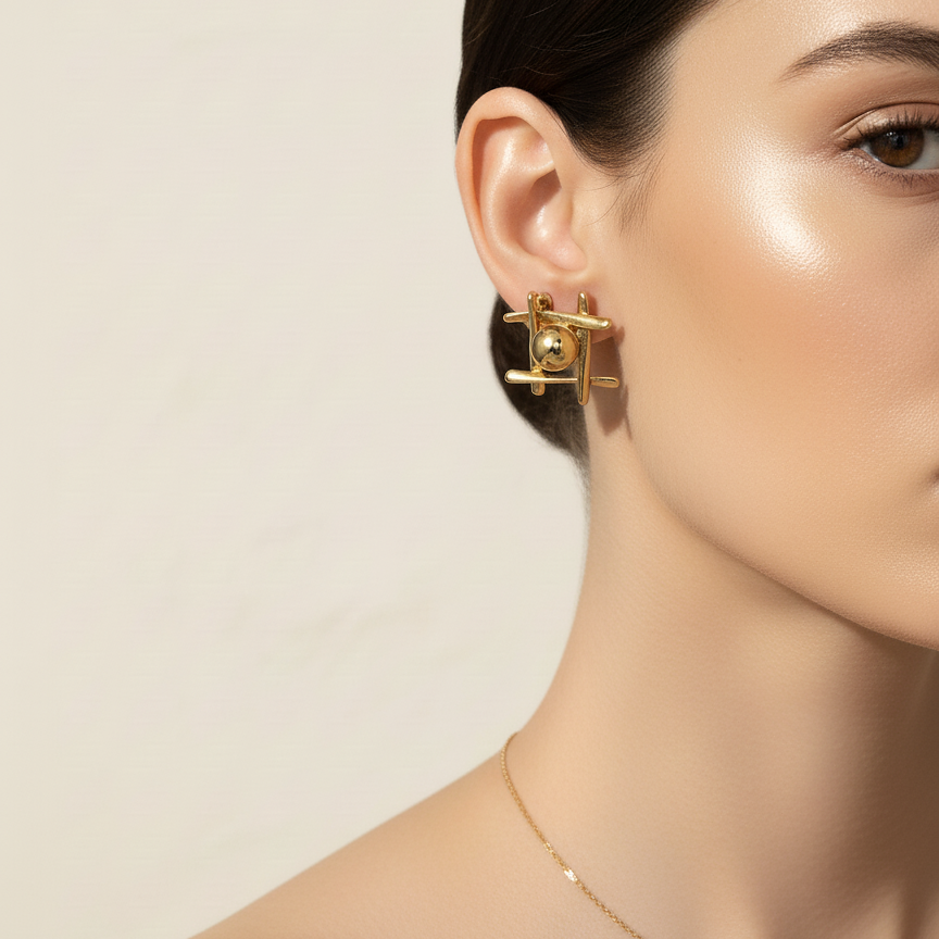 Oma Studs gold bar and ball geometric stud earrings with cross grid structure and centre sphere worn by model – nickel-free surgical steel earrings for sensitive ears