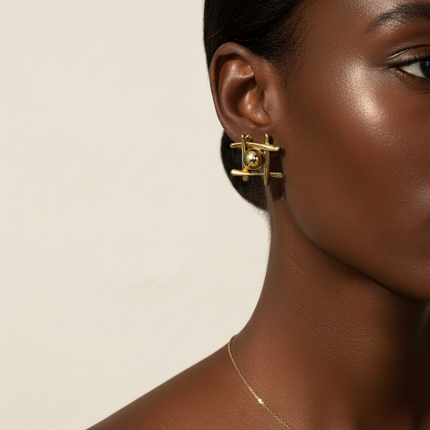 Oma Studs gold bar stud earrings with intersecting cross arms and polished ball centre worn by model – tarnish-free waterproof minimalist geometric surgical steel earrings for sensitive ears