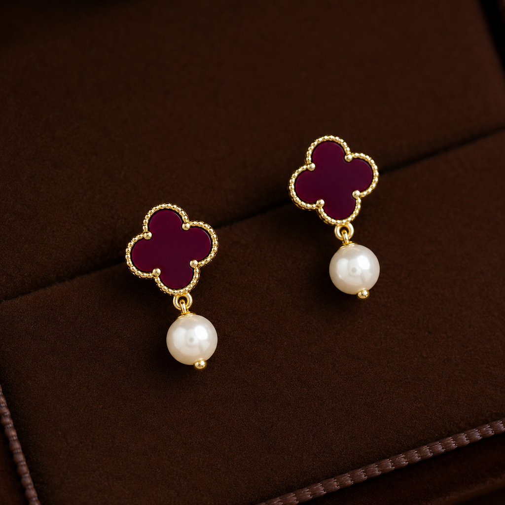 Perla Drops burgundy clover pearl drop earrings with gold beaded border and white pearl drop in velvet box – hypoallergenic non-tarnish stainless steel drop earrings