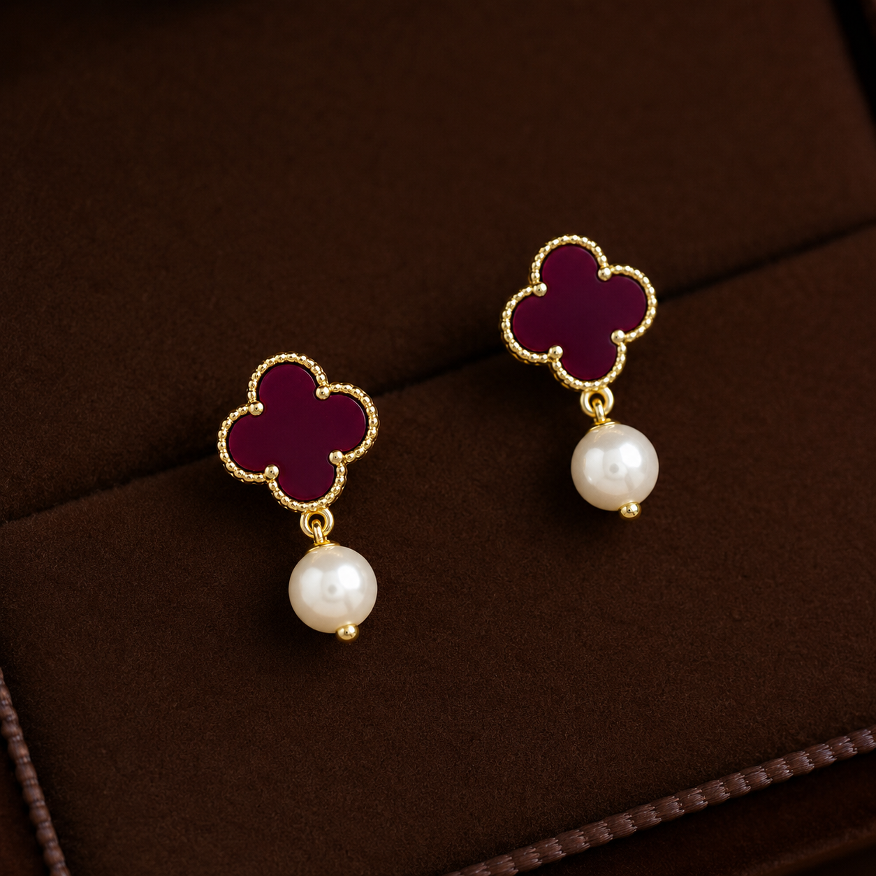 Perla Drops burgundy clover pearl drop earrings with gold beaded border and white pearl drop in velvet box – hypoallergenic non-tarnish stainless steel drop earrings