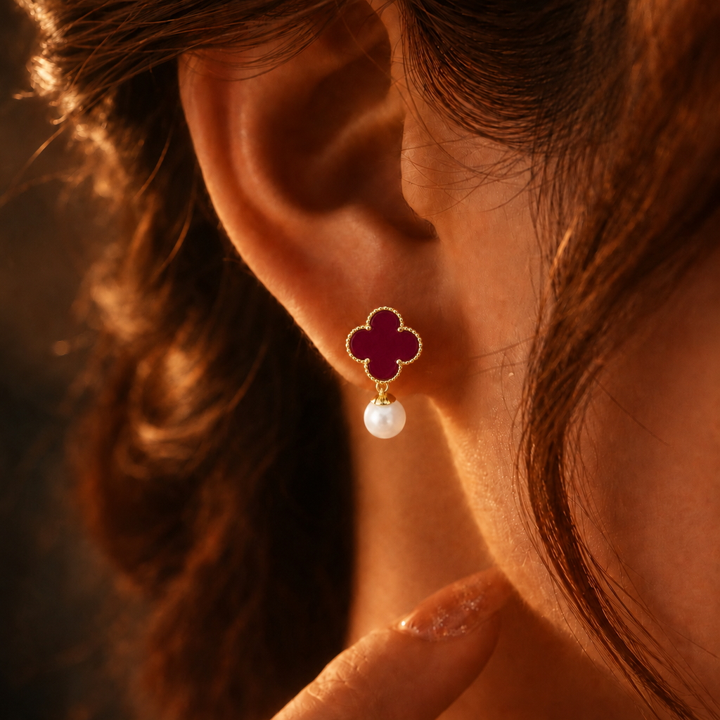 Perla Drops burgundy enamel clover earrings with white pearl drop worn by model – hypoallergenic waterproof non-tarnish stainless steel pearl drop earrings