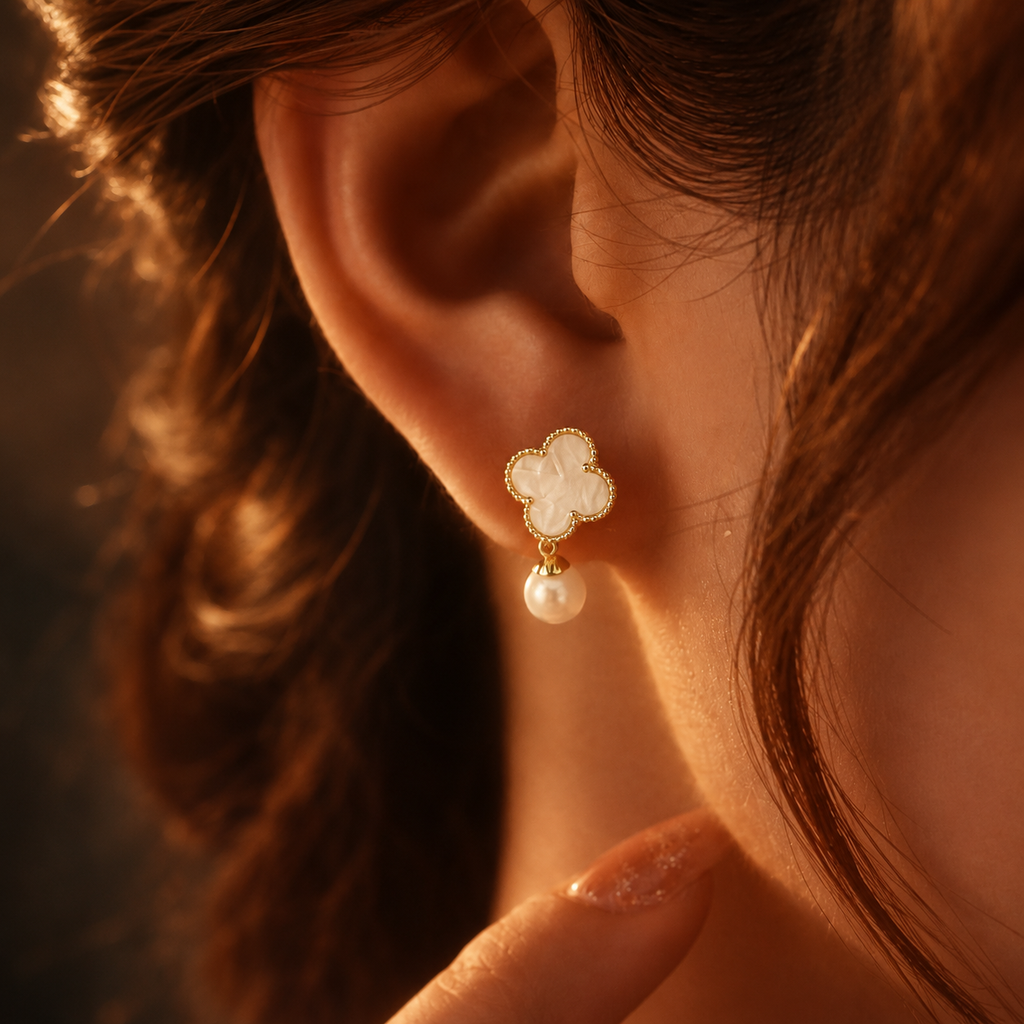 Perla Drops mother of pearl clover drop earrings with white pearl drop worn by model – hypoallergenic waterproof non-tarnish stainless steel pearl drop earrings