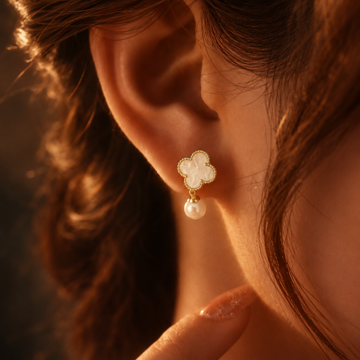 Perla Drops mother of pearl clover drop earrings with white pearl drop worn by model – hypoallergenic waterproof non-tarnish stainless steel pearl drop earrings