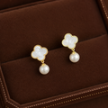 Perla Drops mother of pearl clover pearl drop earrings with gold beaded border and white pearl drop in velvet box – hypoallergenic non-tarnish stainless steel drop earrings