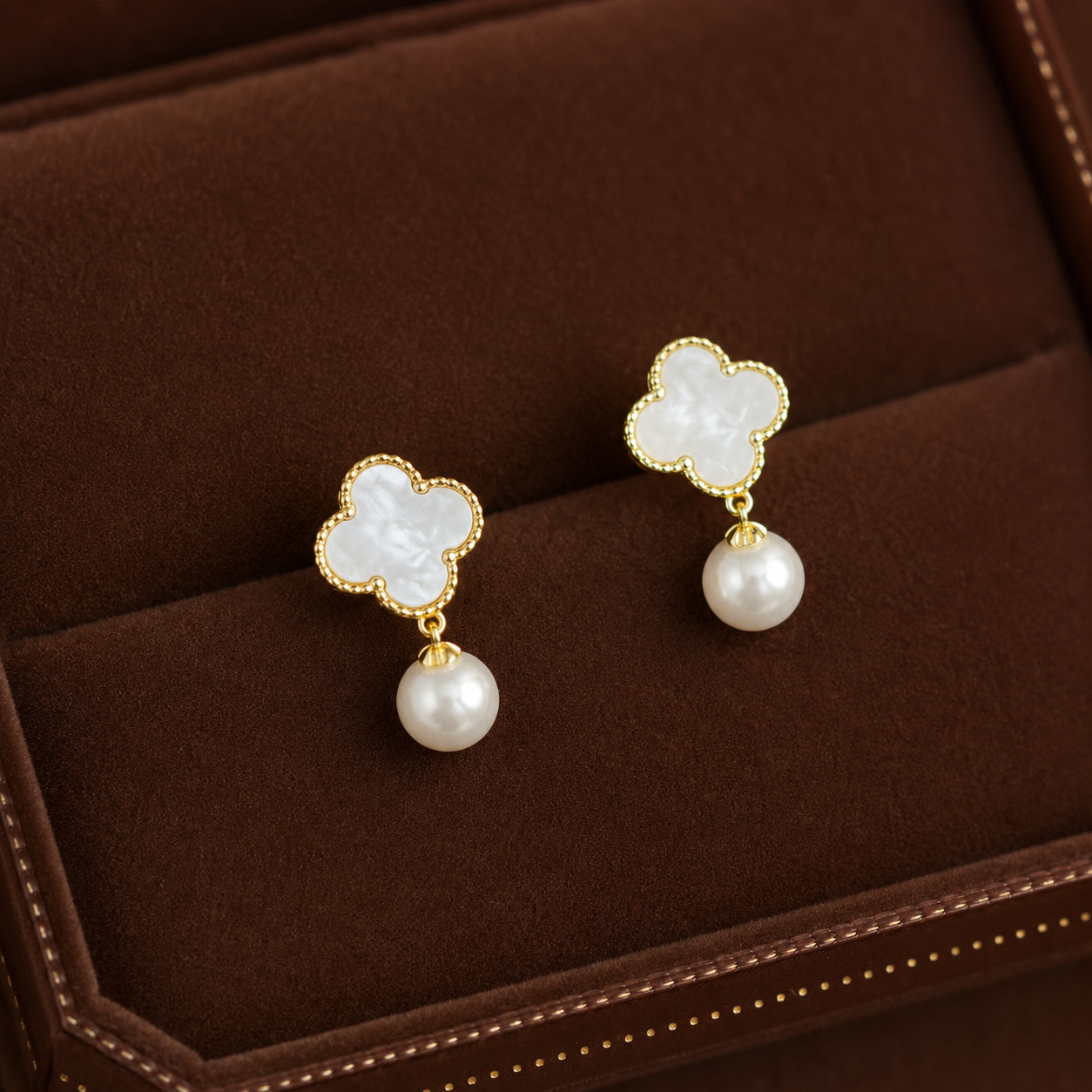 Perla Drops mother of pearl clover pearl drop earrings with gold beaded border and white pearl drop in velvet box – hypoallergenic non-tarnish stainless steel drop earrings