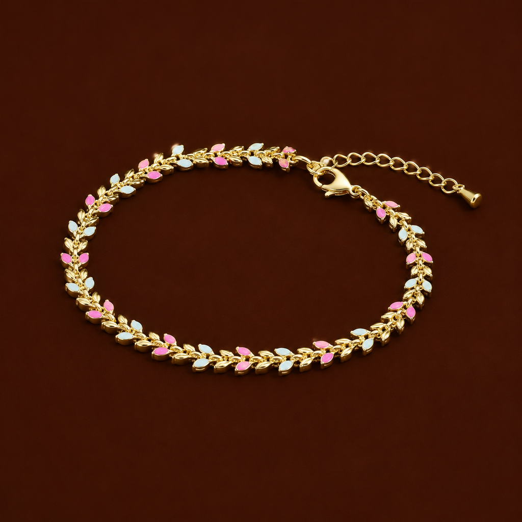 Petra Bracelet gold leaf chain bracelet with alternating pink and blue enamel on dark background – adjustable colourful enamel bracelet, waterproof hypoallergenic UK jewellery