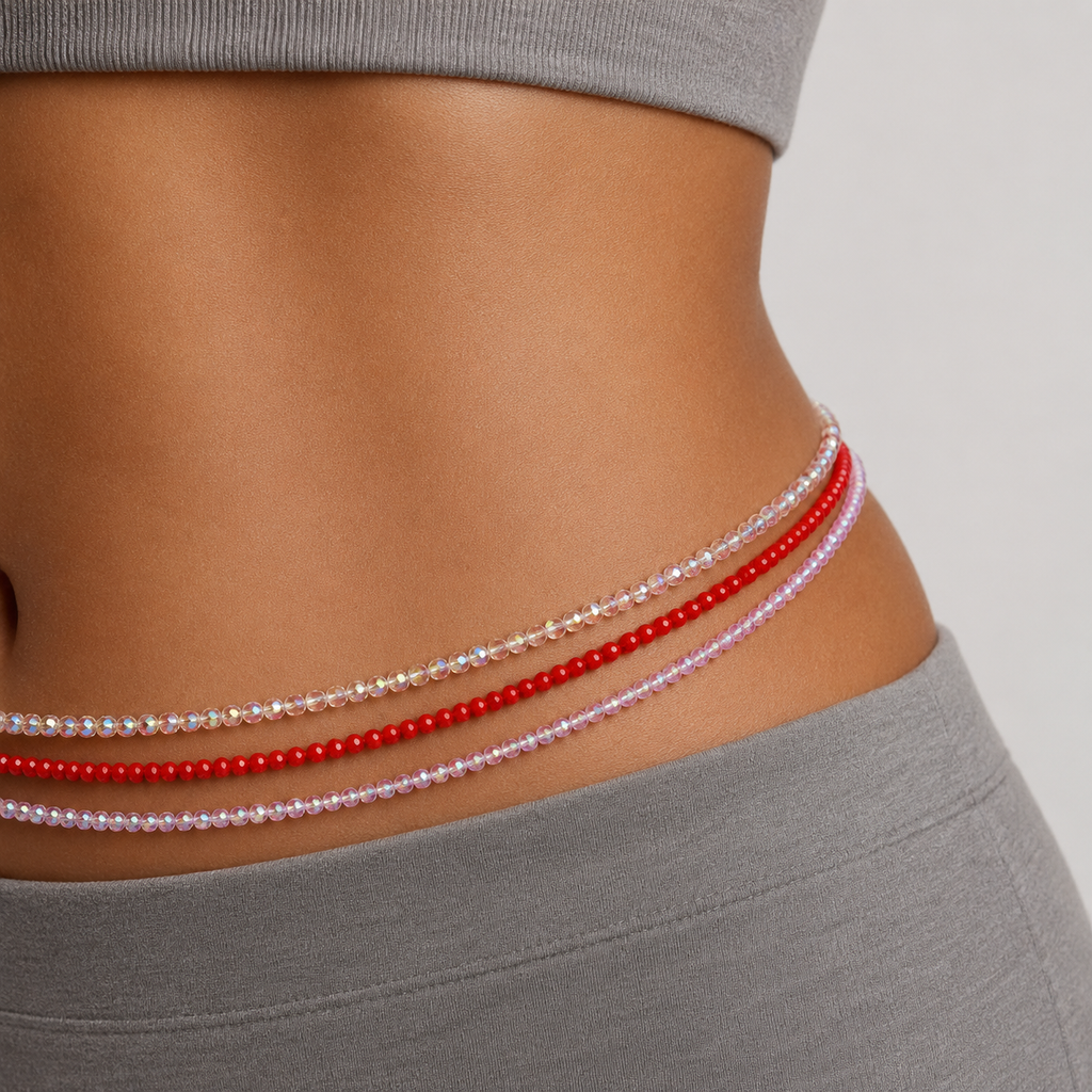 RiRi Waist Beads in red and pink set on dark skin – waist beads, belly chain jewelry, intimate jewellery, waist jewellery for confidence and adornment