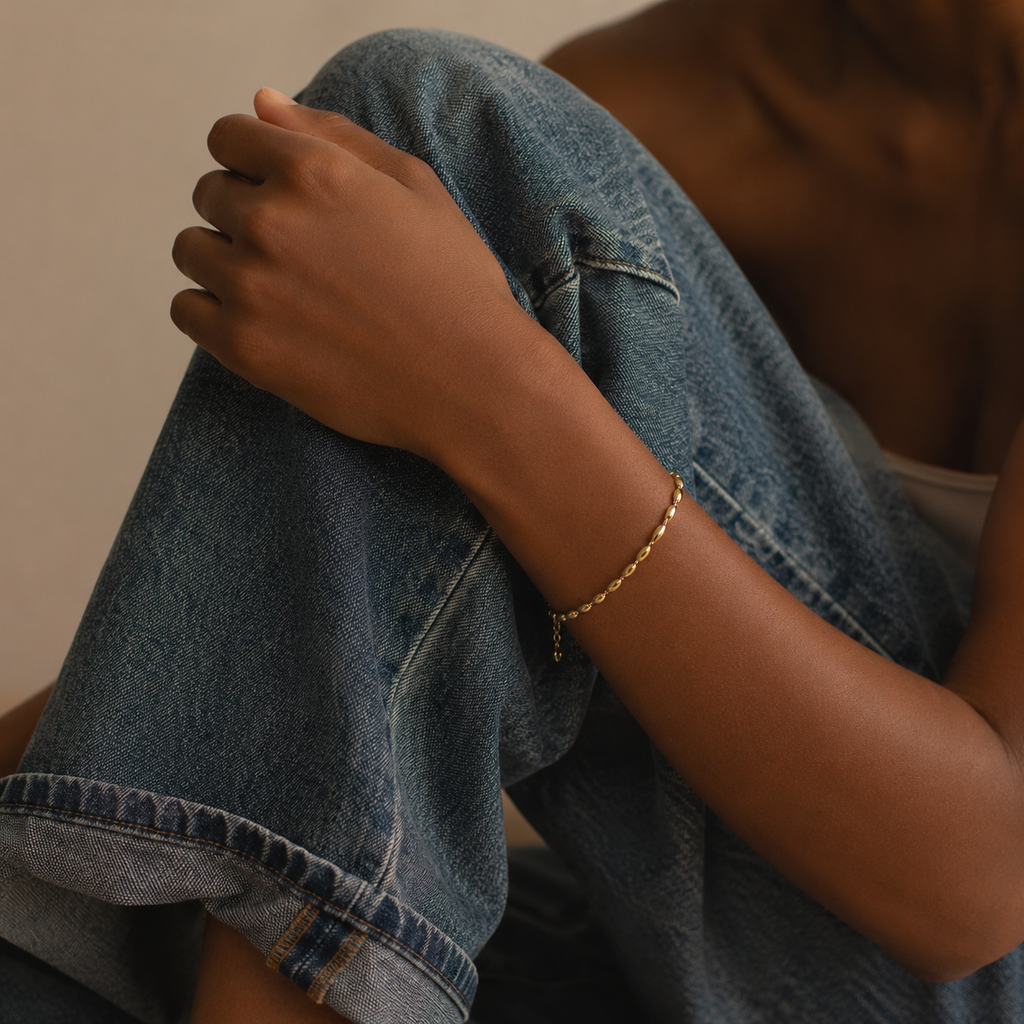 Ro Bracelet gold chunky oval beaded bracelet worn on wrist with denim – dainty adjustable gold women's bracelet, non-tarnish waterproof hypoallergenic stainless steel