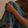 Ro Bracelet gold chunky oval beaded bracelet worn on wrist with denim – dainty adjustable gold women's bracelet, non-tarnish waterproof hypoallergenic stainless steel