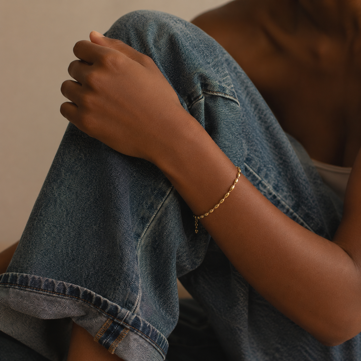 Ro Bracelet gold chunky oval beaded bracelet worn on wrist with denim – dainty adjustable gold women's bracelet, non-tarnish waterproof hypoallergenic stainless steel