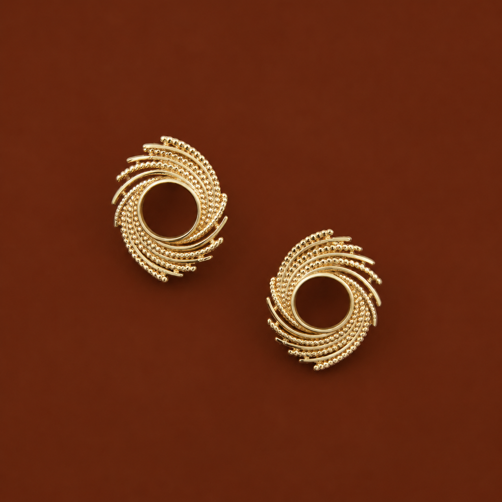 Solee Studs textured gold swirl stud earrings with open sunburst centre and beaded spiral detailing – hypoallergenic stainless steel artistic statement ear studs