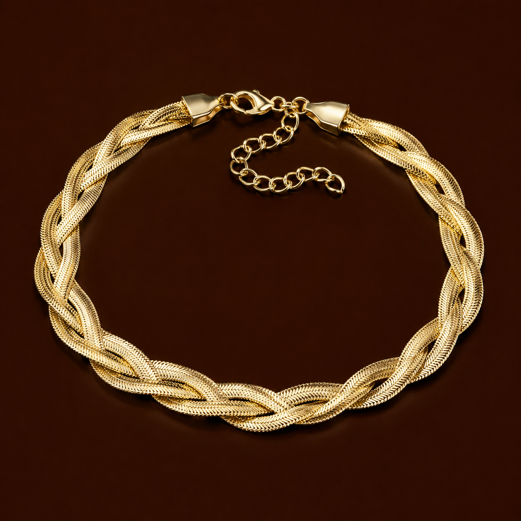Wayọ Anklets gold braided anklet on dark background – gold anklet, gold plated anklet, stainless steel anklet, women's anklet in non tarnish jewellery finish
