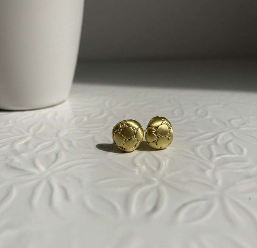 Wendy Studs brushed gold dome stud earrings with quilted cobblestone surface and crystal accent dots – hypoallergenic non-tarnish waterproof stainless steel stud earrings