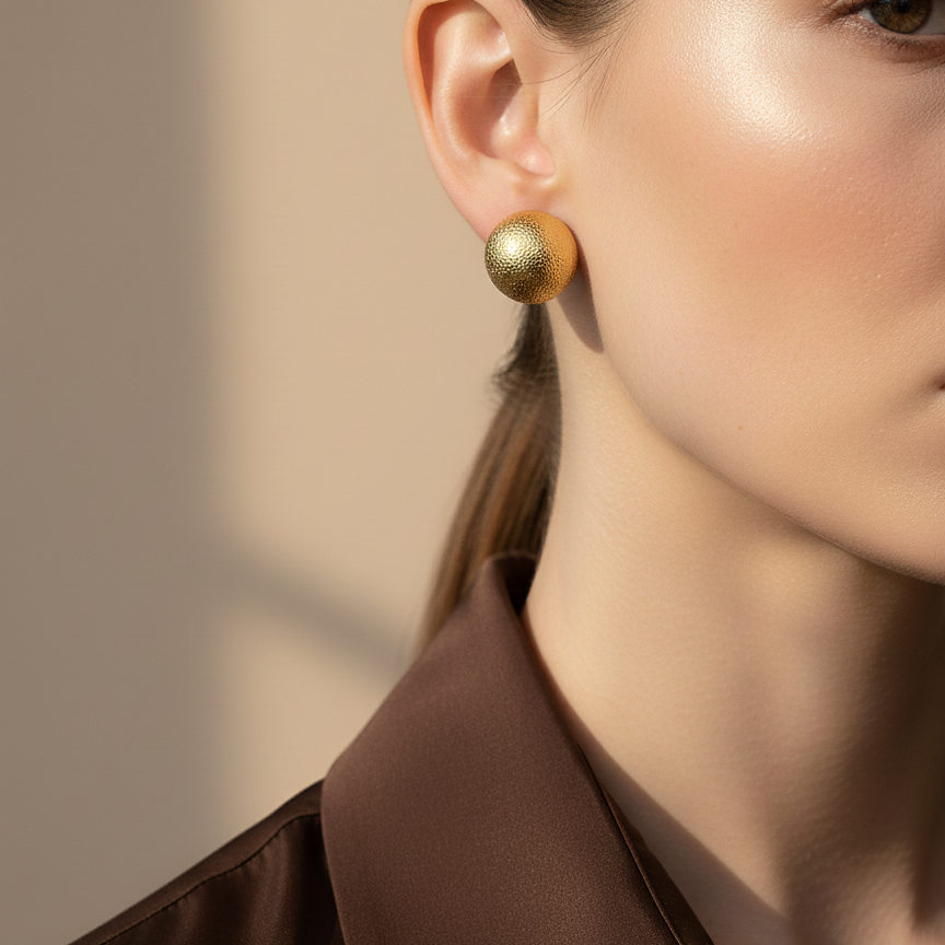 Zee-Zee Studs textured gold ball stud earrings worn by model with camel blazer – minimalist chunky dome earrings hypoallergenic waterproof stainless steel