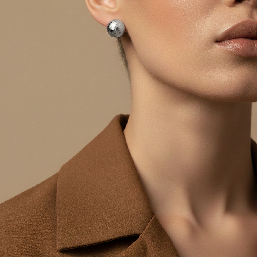 Zee-Zee Studs textured silver ball stud earrings worn by model with camel blazer – minimalist chunky dome earrings hypoallergenic waterproof stainless steel