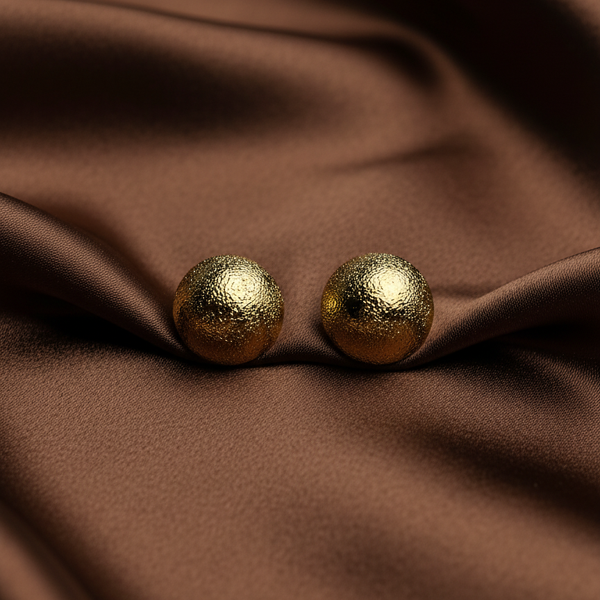 Zee-Zee Studs textured gold ball stud earrings on brown satin fabric – chunky dome earrings hypoallergenic non-tarnish stainless steel everyday earrings