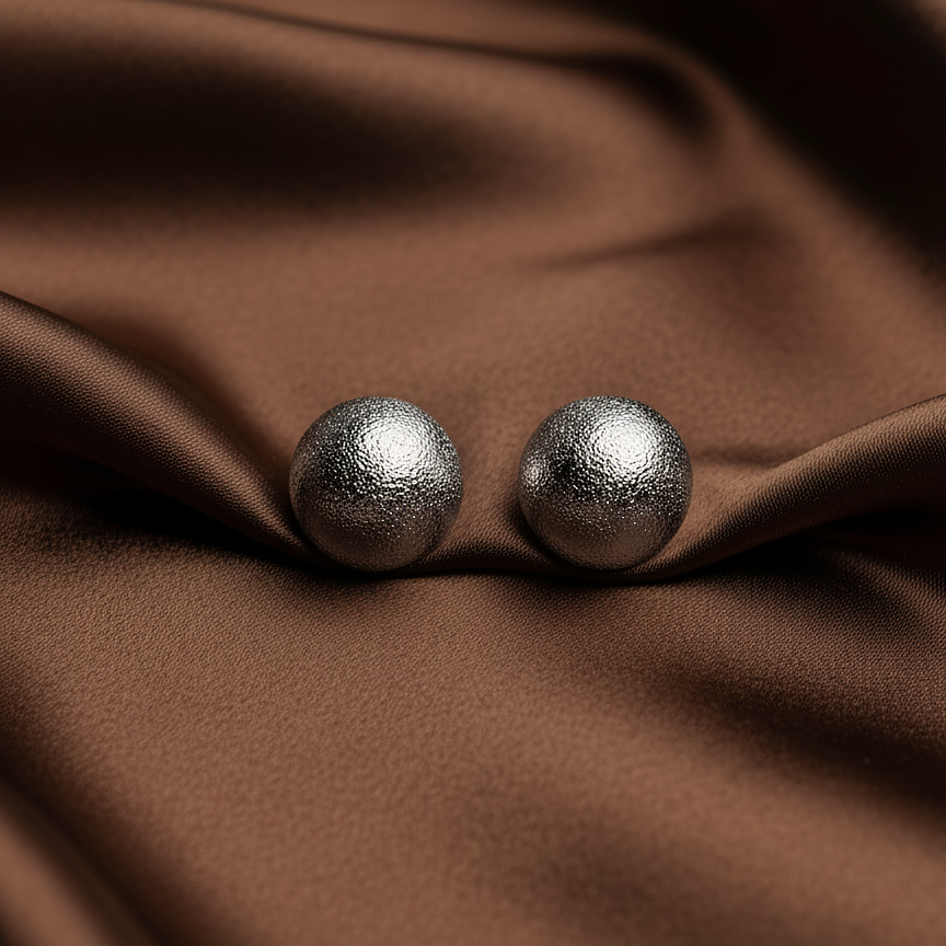Zee-Zee Studs textured silver ball stud earrings on brown satin fabric – chunky dome earrings hypoallergenic non-tarnish stainless steel everyday earrings